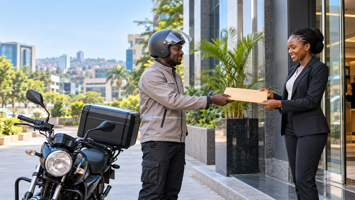 courier handing over an envelope beside a motorcycle